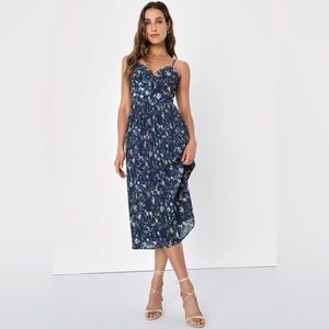 Poise and Perfection Navy Floral Print Pleated Midi Dress